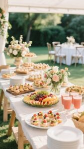 Buffébord i trädgården med snittar, frukt, desserter och drycker